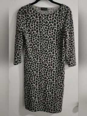 Bloomingdales Cashmere Dress Gray Black Leopard Dress Size Small